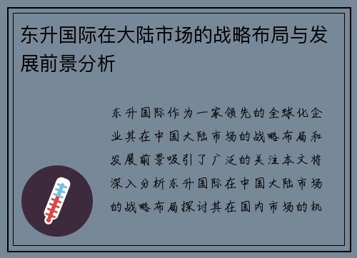 东升国际在大陆市场的战略布局与发展前景分析